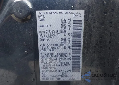 2016 Nissan Rogue Sl z USA, uszkodzony, nr VIN 5N1AT2MVXGC923779